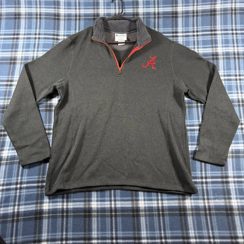 Champion Alabama Crimson Tide Mens L Gray Ribbed Quarter Zip Pullover Sweater